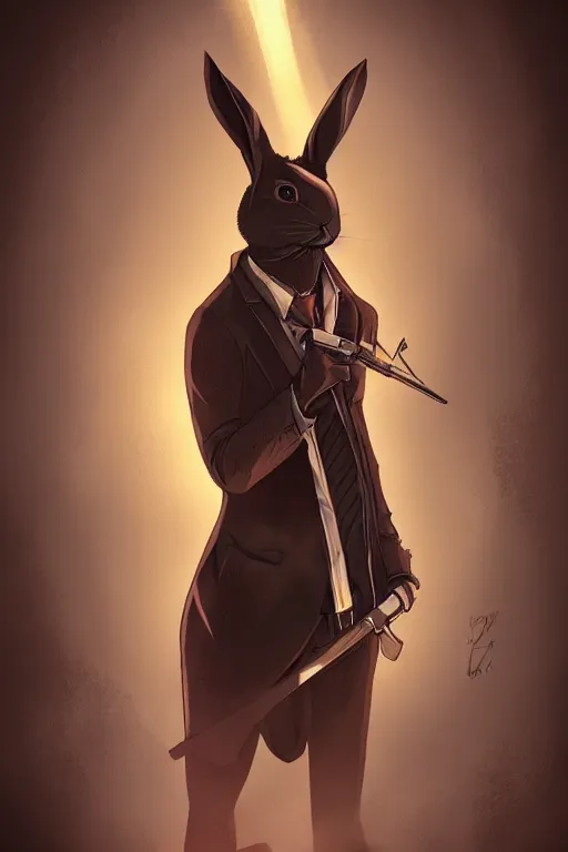 Image similar to rabbit as a hitman, dynamic lighting, fantasy concept art, trending on art station, stunning visuals, creative, cinematic, ultra detailed, comic strip style