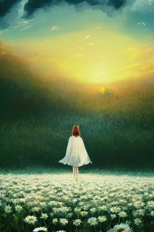 Image similar to giant white daisy flower veil, girl walking in a flower field, surreal photography, sunrise, dramatic light, impressionist painting, colorful clouds, digital painting, artstation, simon stalenhag