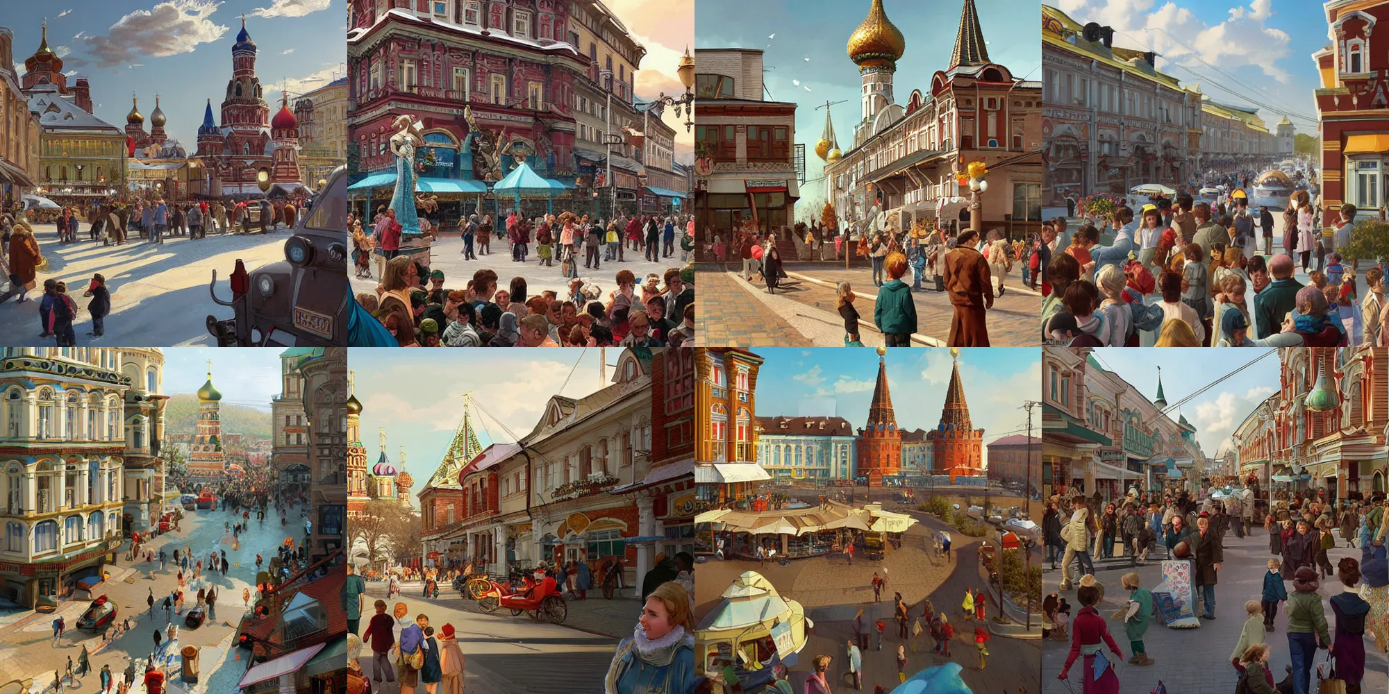 Prompt: a russian small town, a view from the eyes on the street, a wonderful future, retro architecture, a crowd of adults and children, a holiday, joy, a clear day. highly detailed, digital painting, artstation, concept art, matte, sharp focus, illustration, art by artgerm and greg rutkowski and alphonse mucha