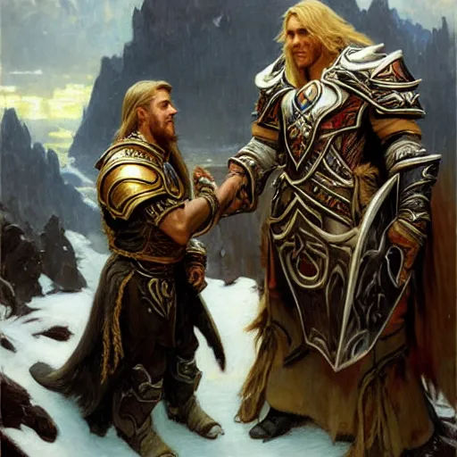 Image similar to attractive fully clothed arthas menethil confesses his love for his attractive fully clothed thrall son of durotan. highly detailed painting by gaston bussiere and j. c. leyendecker 8 k