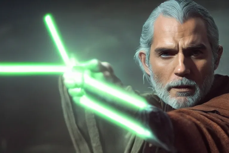Image similar to Still of Henry Cavill as old Count Dooku, fighting yoda, cinematic light, 4K