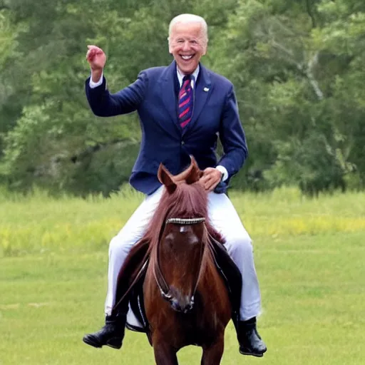 Prompt: Joe Biden riding a horse without a shirt