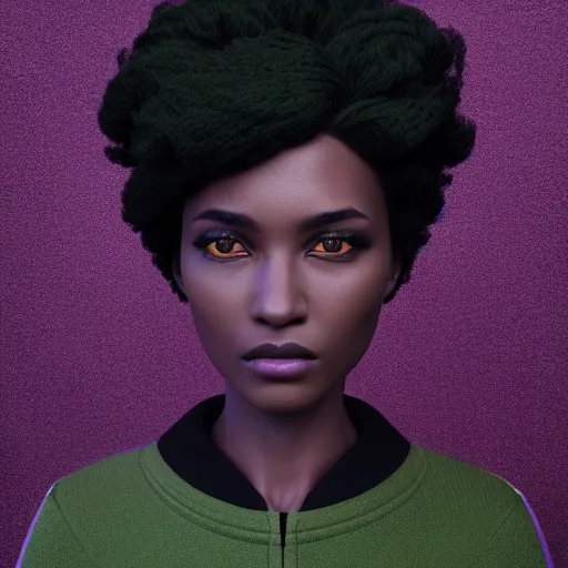 Prompt: black woman with grey bob hairstyle, purple eyes, wearing dark green bomber jacket, realistic 4 k octane beautifully detailed render, 4 k post - processing, highly detailed, intricate complexity, epic composition, magical atmosphere, cinematic lighting, masterpiece, ultra hd