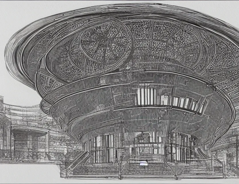 Prompt: a detailed, intricate architectural drawing with fine lines of the view from the river of a round library with many windows and a cone - shaped roof by frank lloyd wright