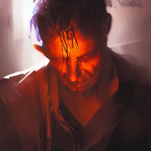 Prompt: man in pain, dramatic lighting, by Greg Rutkowski and Dave McKean orange and purple color palette