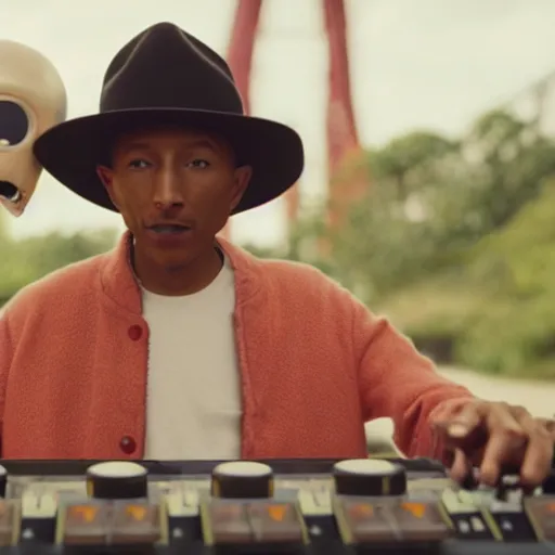 Image similar to cinematic film still of Pharrell Williams Making A Beat with an anthropomorphic alien, Japanese VFX, 2018, 400mm lens, f1.8, shallow depth of field,film photography