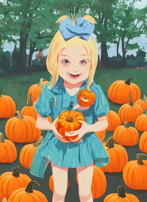 Prompt: little girl with long blonde hair happy at the pumpkin patch. clean cel shaded vector art. shutterstock. behance hd by lois van baarle, artgerm, helen huang, by makoto shinkai and ilya kuvshinov, rossdraws, illustration, art by ilya kuvshinov