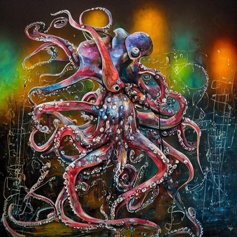 Image similar to a beautiful painting by bordalo ii of an octopus playing drums and telecaster guitar in an electronic concert, dark background, concert light, dark mood, warm lights