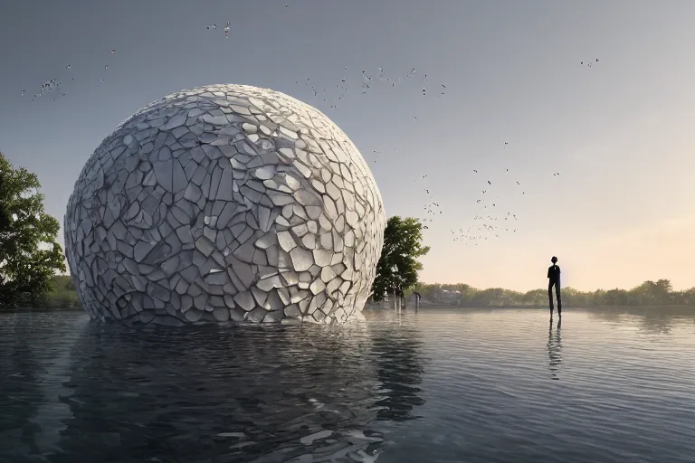 Image similar to a building formed by the intersection and combination of egg shaped spherical spaces of different sizes, on the calm lake, people's perspective, future, interior wood, marble, award winning, highly detailed 4 k art, dusk, unreal engine highly rendered, global illumination, radial light, internal environment by kazuyo sejima