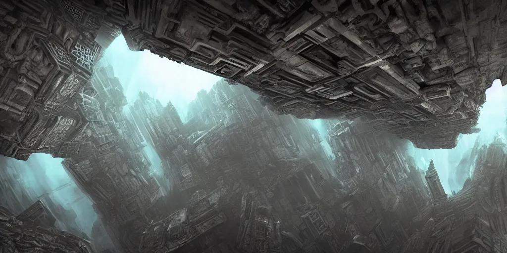 Prompt: inception lovecraft city carved from rock underground another inverted upside down above, in the style of akira, cinematic warm volumetric lighting