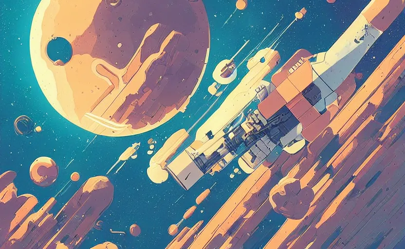 Image similar to rocket engine floating in space, moebius, stylized, james gilleard, print, game art