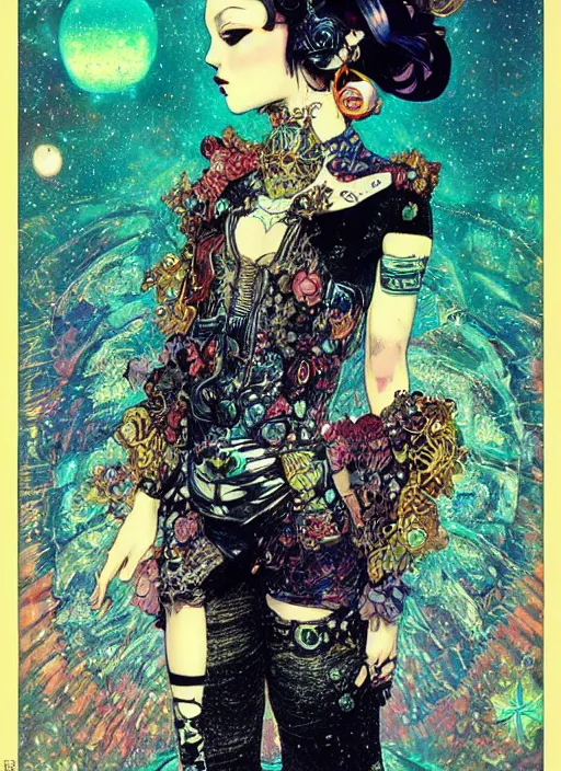 Image similar to cute punk goth fashion fractal cosmonaut girl by Zhang Jingna, punk poster art by Victor Moscoso Dan Mumford Kilian Eng Hannah Jeffrey Smith Rick Griffin Alphonse Mucha Gustav Klimt Ayami Kojima Amano Charlie Bowater