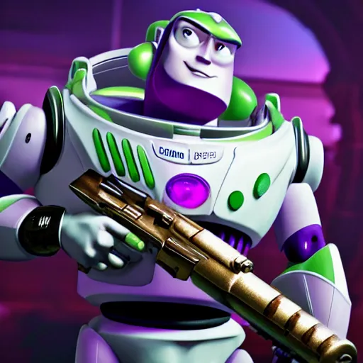 Image similar to buzz lightyear with a minigun in doom eternal, 4k, high detail, high-resolution photograph, professional photography, ultra-detail