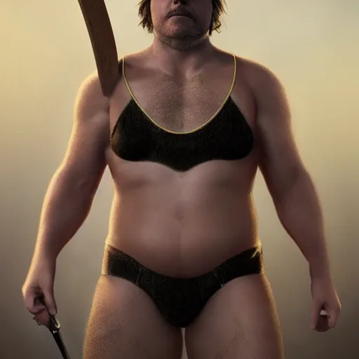 Image similar to hyperrealistic mixed media image of jack black in a bikini donning a mighty axe, stunning 3 d render inspired art by istvan sandorfi and greg rutkowski, perfect symmetry, realistic, highly detailed attributes and atmosphere, dim volumetric cinematic lighting, 8 k octane extremely hyper - detailed render, post - processing, masterpiece,