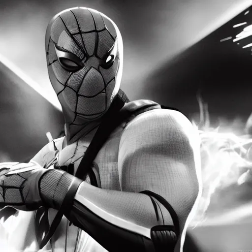 Image similar to ryan reynolds in a black and white spider - man suit, cinematic, volumetric lighting, f 8 aperture, cinematic eastman 5 3 8 4 film, photorealistic