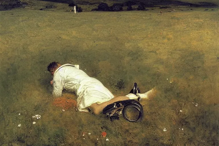 Image similar to sad portrait of an astronaut in a meadow by sir john everett millais, photorealistic, hyperdetailed, ethereal, masterpiece, oil painting