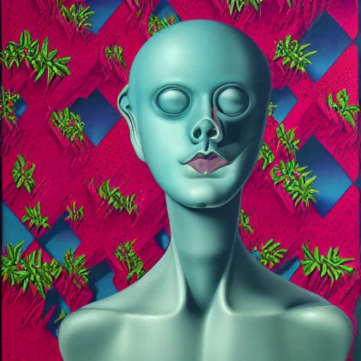Prompt: award winning masterpiece with incredible details, a surreal vaporwave vaporwave vaporwave vaporwave vaporwave painting by MC Escher of an old pink mannequin head with flowers growing out, sinking underwater, highly detailed