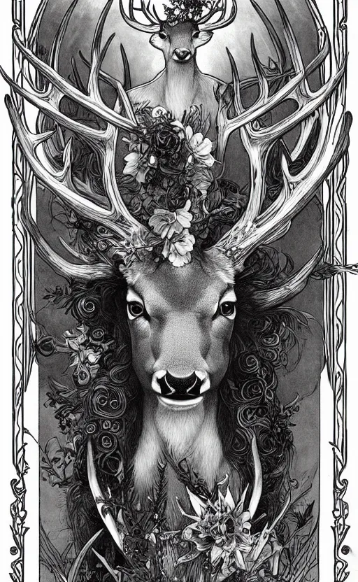 Image similar to black and white deer, with highly detailed with red flowers, long flowing mane and tail, ultra high detail, symmetry, in a hellscape, detail art style of alfons maria mucha, and peter mohrbacher atyles god lighting