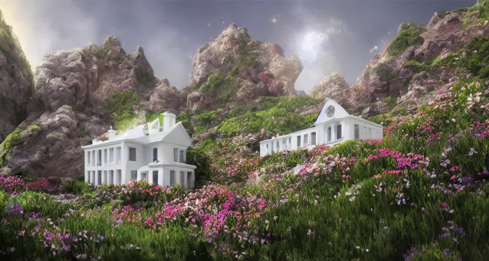 Prompt: small white house in canyon filled with flowers, space ship flying by, photorealistic, artstation, detailed
