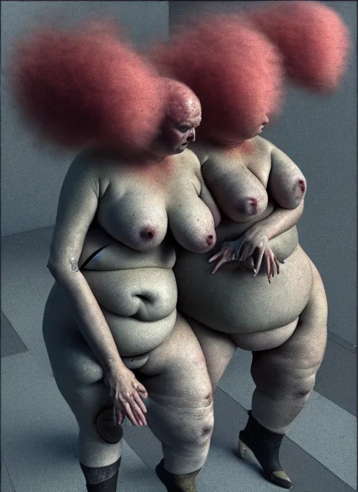 Prompt: fat womanand special forces entwined floating inside a brutalist space, gothic, by francis bacon, adrian ginn, james ginn, petra courtright, jenny saville, part gerhard richter, masterpiece. rendered in blender, ultra realistic, smooth shadows, ultra detail, high resolution, cinematic unreal 6, 8 k 3 d