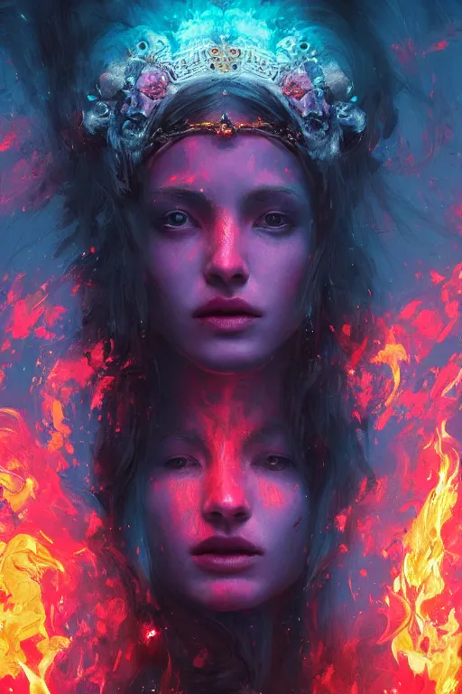 Image similar to a beautiful portrait of a goddess women engulfed in deep colourful flames by Greg Rutkowski, Sung Choi, Mitchell Mohrhauser, Maciej Kuciara, Johnson Ting, Maxim Verehin, Peter Konig, Bloodborne , 8k photorealistic, cinematic lighting, HD, high details, atmospheric , trending on artstation