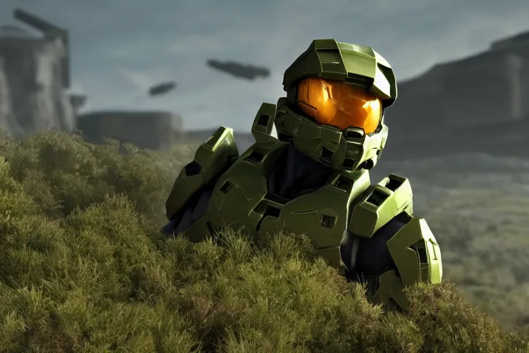 Image similar to halo master chief on a hill, cinematic, 8 k, back view, photorealistic