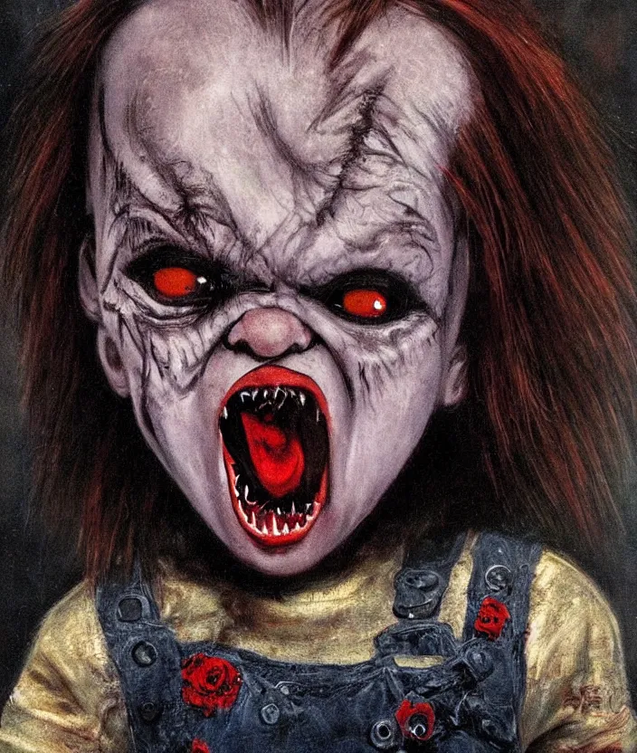 Prompt: gothic screaming chucky doll portrait by william - adolphe bouguerea, highly detailded