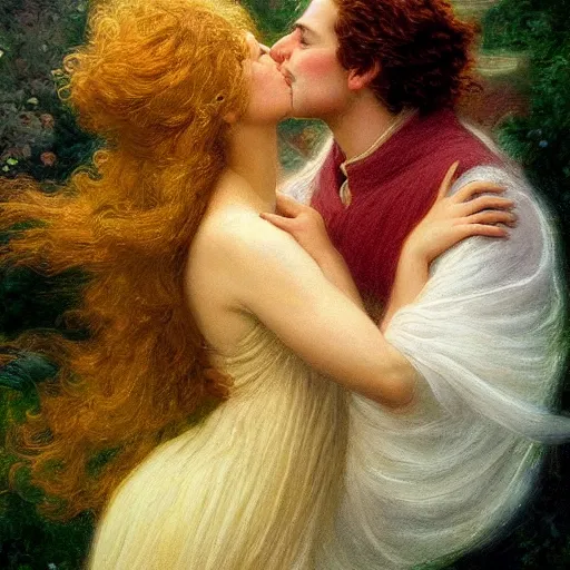 Prompt: a beautiful romantic painting of the personification of DALL-E 2 passionately kissing the personification of Stable Diffusion, by edward robert hughes, artstation