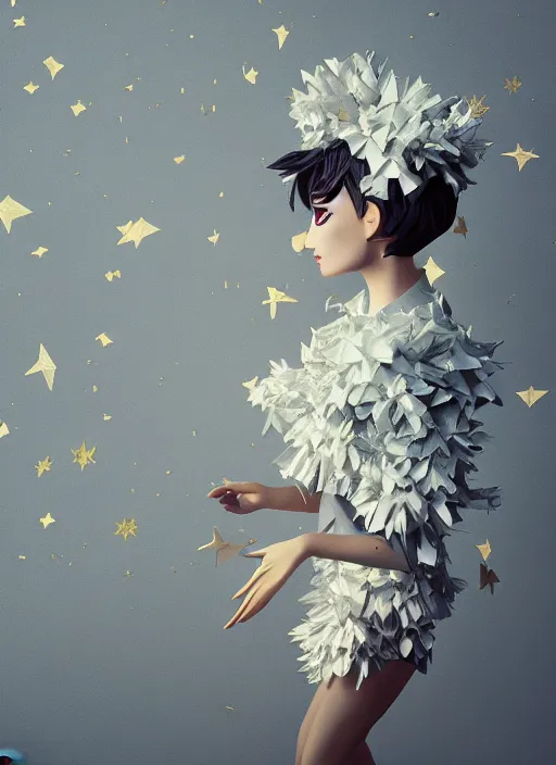 Prompt: background edge of space with puffy clouds are dusk, anthropomorphic paper woman wrapped in a flowing couture tissue paper, paper chrysanthemums, many origami stars, eery light, 3 d, very detailed, octane render, trending artstation, trending cgisociety, artgem