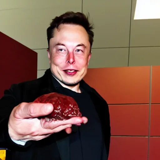 Prompt: elon musk holding a piece of meat, offering it to you