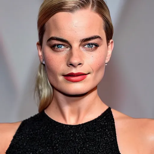 Image similar to a woman who is a genetic combination of margot robbie and emma watson face and upper - body focus