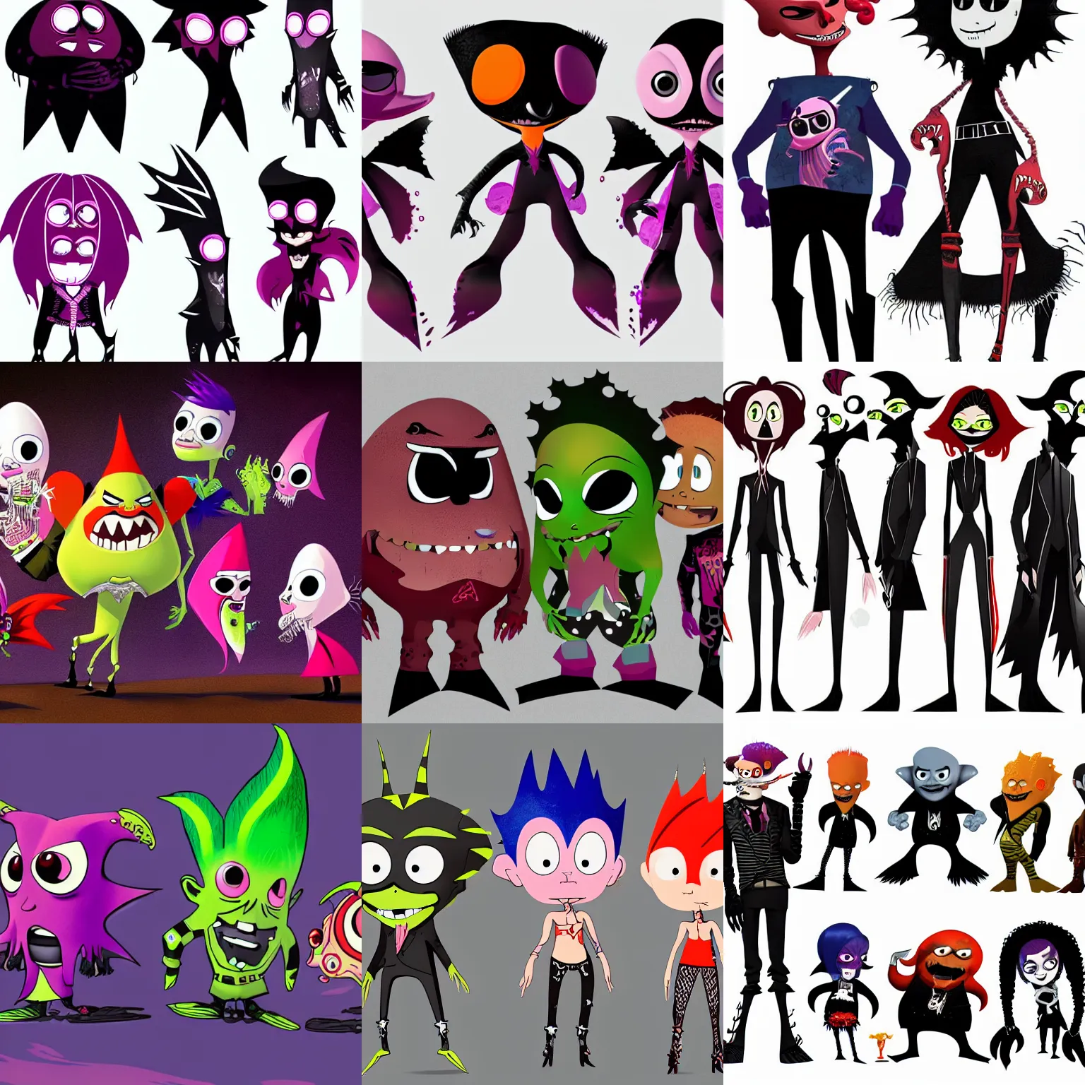 Prompt: punk rockstar vampire squid concept character designs of various shapes and sizes by genndy tartakovsky and splatoon by nintendo for the new hotel transylvania