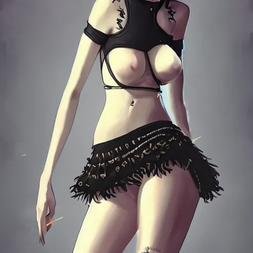 Image similar to goth girl in mini skirt and crop top intricate, extremely detailed, digital painting, artstation, concept art, smooth, sharp focus, illustration, sensual lighting, incredible art,