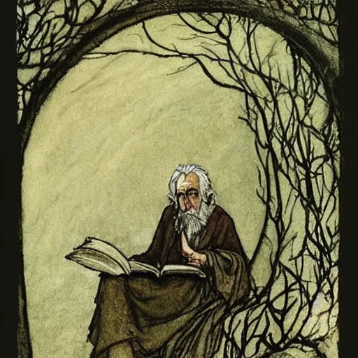 Image similar to a 1 3 th century, enigmatic, melancholic, fae wizard ( look like ( ( eighty years old christopher lee ) ), is ( ( reading an old book ) ). light dust, magnificent, hyperdetailed, theatrical, painted by arthur rackham