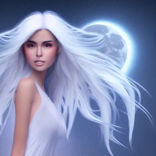 Prompt: beautiful moon spirit, flowing white hair, delicate short dress, imaginative, ultra hd render + cinematic lighting