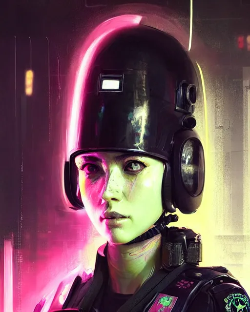 Prompt: detailed portrait neon female swat officer, cyberpunk futuristic, neon, reflective puffy coat, decorated with traditional japanese by ismail inceoglu dragan bibin hans thoma greg rutkowski alexandros pyromallis nekro rene margitte, metro game, illustrated, perfect face, fine details, realistic shaded, fine - face, pretty face