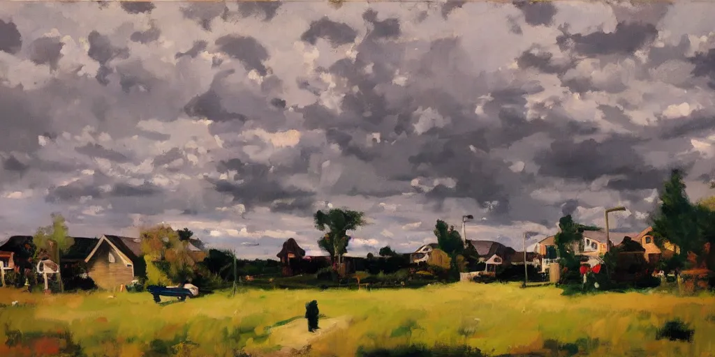 Image similar to us suburbs, ominous sky, ben aronson 1950