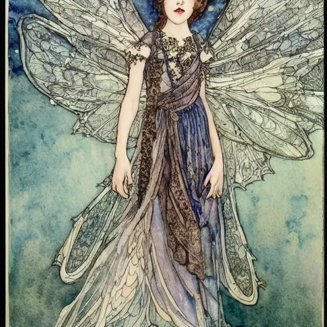 Prompt: a detailed, intricate watercolor and ink portrait illustration with fine lines of young 1 4 year old scarlett johannson as a happy winged fairy with dragonfly wings wearing a peasant dress, by arthur rackham and edmund dulac and lisbeth zwerger