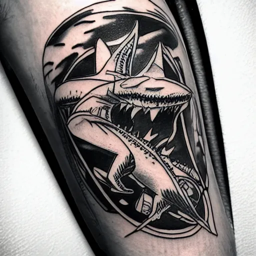 Image similar to flash tattoo of skeleton riding rocket in the shape of shark, black and white by sailor jerry, curt montgomery, bangbangnyc, ryan ashley, killkenny