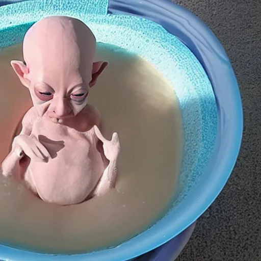 Prompt: a hairless sphynx cat swimming in a baby pool filled with milk