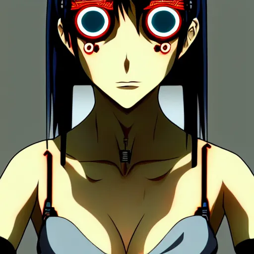 Image similar to female cyberpunk anime girl, yellow eye and red eye, symmetrical faces and eyes symmetrical body, middle shot waist up, Madhouse anime studios, Black Lagoon, Wit studio anime, 2D animation