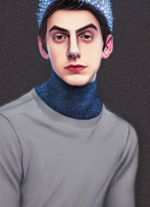 Image similar to portrait of teenage jughead jones wearing a light grey knit crown, blue turtleneck, 1 9 5 0 s, closed eyes, photorealistic, black hair, glowing lighting, intricate, elegant, glowing lights, highly detailed, digital painting, artstation, concept art, smooth, sharp focus, illustration, art by wlop, mars ravelo and greg rutkowski