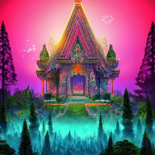 Prompt: mystical realistic poster with shaded lighting by arjun brooklyn radiant light, detailed and complex environment, solace, beautiful, utopic city with many buildings and temples, old growth pine trees, overlaid sacred geometry, with implied lines, gradient of hot pink and neon baby blue