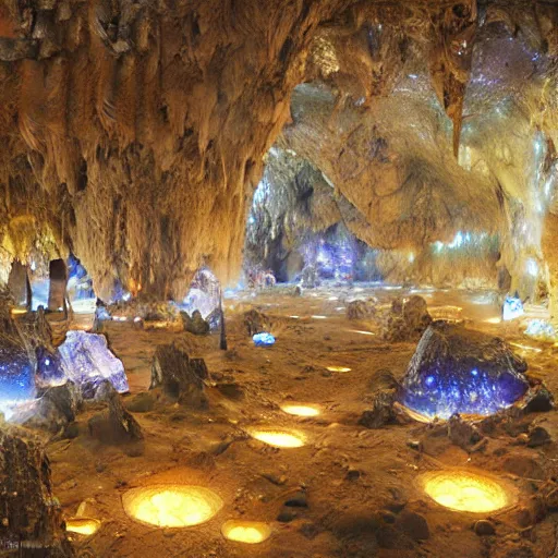 Prompt: a cave with huge glowing crystals in the walls and piles of bones on the floor, art by donato giancola and greg rutkowski, wide angle