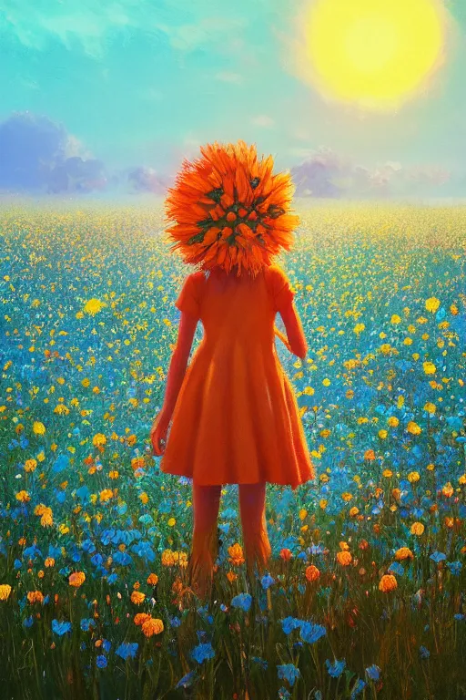 Image similar to closeup, giant flower head, girl standing in a field of flowers, surreal photography, sunrise, blue sky, dramatic light, impressionist painting, digital painting, artstation, simon stalenhag