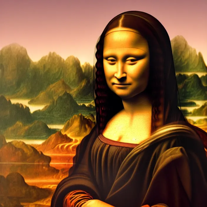 Image similar to an Afro American girl as Mona Lisa by Elizabeth Catlett. details, smooth, sharp focus, illustration, realistic, cinematic, artstation, award winning, rgb , unreal engine, octane render, cinematic light, macro, depth of field, blur, red light and clouds from the back, highly detailed epic cinematic concept art CG render made in Maya, Blender and Photoshop, octane render, excellent composition, dynamic dramatic cinematic lighting, aesthetic, very inspirational, arthouse.