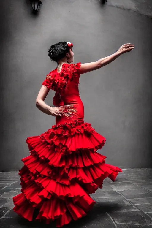 Image similar to spanish flamenco dancer in mallorca wearing a red dress made of flowers, head if red vapor disappearing into ether, evening, dimly lit, foggy, photo realistic, extreme detail skin, no filter, slr, 4 k, high definition