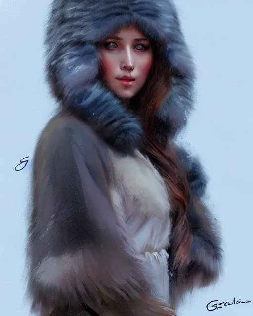 Image similar to a beautiful siberian girl with bear fur coat and decollete | | realistic shaded, unpleasant face, bad looking, fine details, realistic shaded lighting poster by greg rutkowski, magali villeneuve, artgerm, jeremy lipkin and michael garmash and rob rey