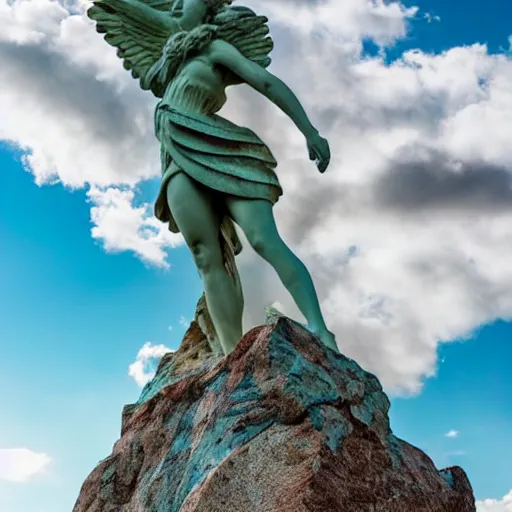 Image similar to venus, nike, the winged victory of samothrace statue made of turquoise crystal on a rock in the clouds dramatic low light volumetric lighting epic towering clouds central composition stylised