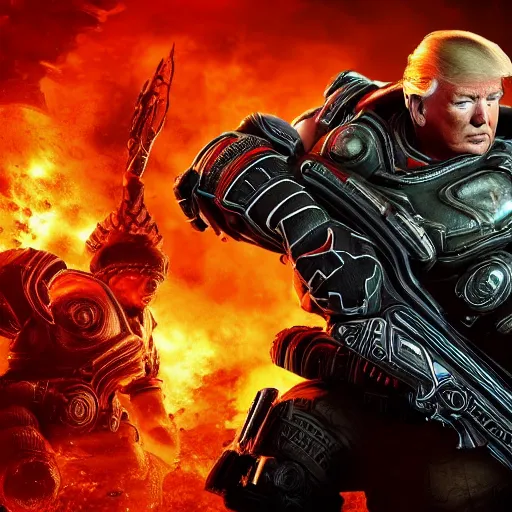 Image similar to Photo portrait of Donald Trump as Spartan in Gears of War, splash art, movie still, detailed face, photorealistic facial features, cinematic lighting, dramatic, octane render, long lens, shallow depth of field, bokeh, anamorphic lens flare, 8k, hyper detailed, 35mm film grain